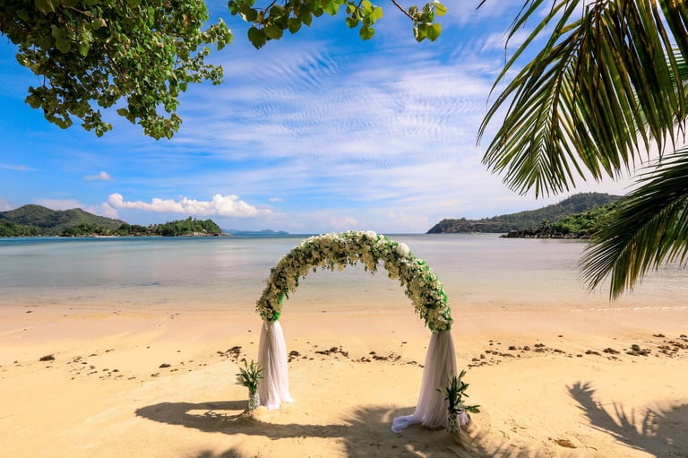 Arco de boda decorado en la playa con océano y vegetación
